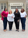 Miik models plus size Kimesha, Jen, Sureka and Erica standing next to each other in front of a house all wearing Miik's Christal pull-on pintuck ankle pant