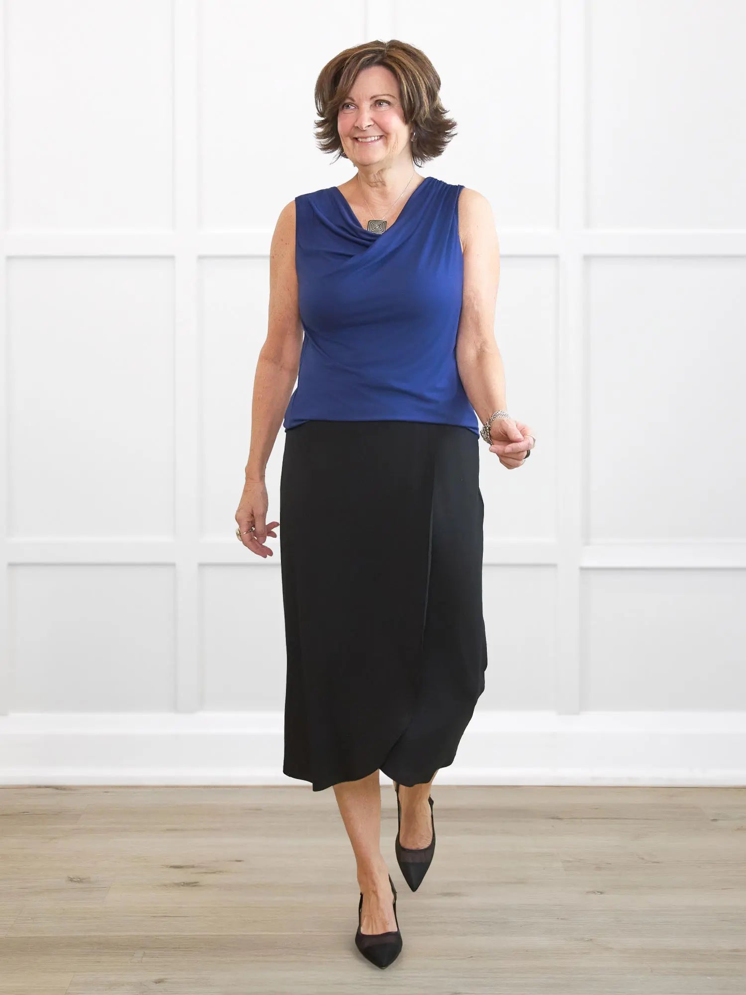 Dion draped blouse in marine blue on Donna, size small @Donna-S 