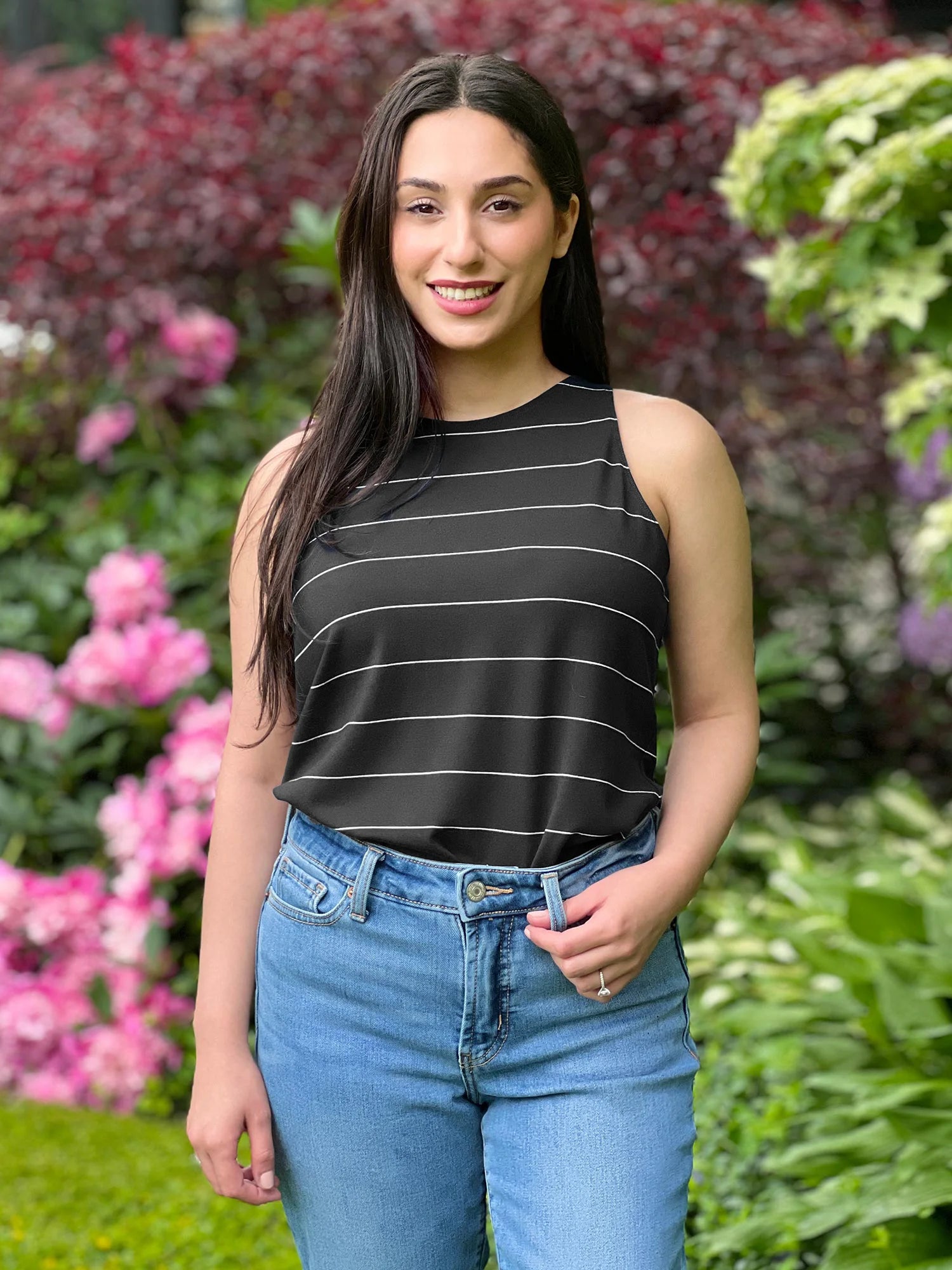 Dolly high neck tank top for women in Black wide pinstripe 