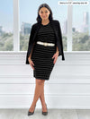 Miik model Meron (5'3", xsmall) smiling wearing a striped dress with Miik's Emily soft blazer in black over the shoulders 