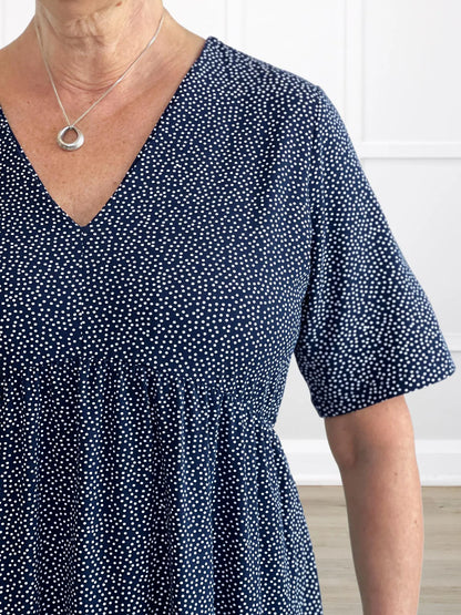 A closeup detail of the v-neck of Miik&
