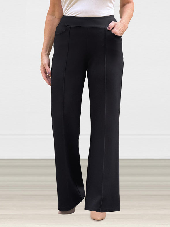 A closeup image of Miik's Jeremy high waisted wide leg ponte pant in black