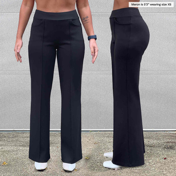A close up image to show the details of the front and side of Miik's Jeremy high waisted wide leg ponte pant in black