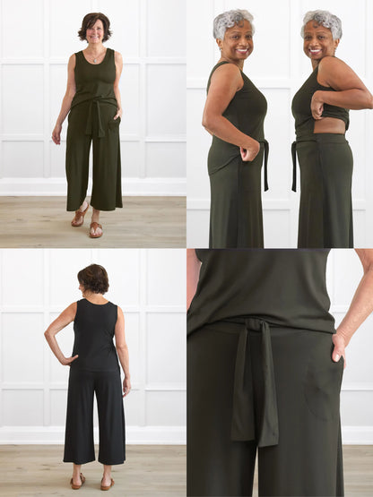 4 images showing the detail of Kavita open-back wide leg capri jumpsuit 