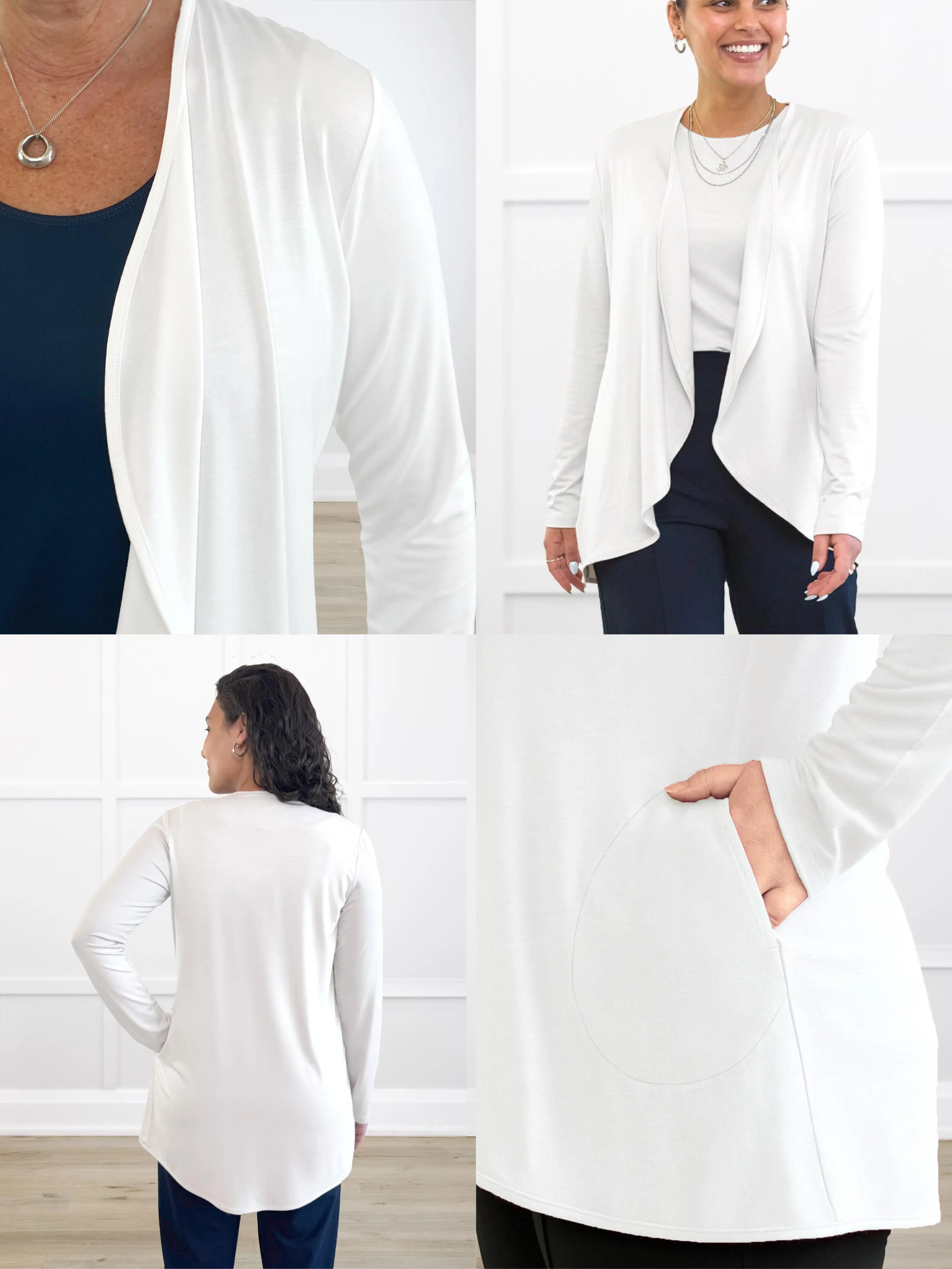 4 images showing the detail of Lilah waterfall cardigan with pockets 