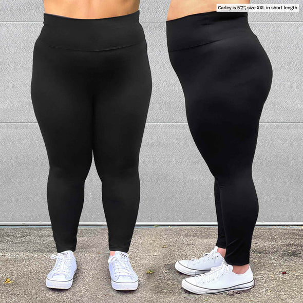 Miik model Carley (size XXL, five foot two) is wearing the Lisa2 high waisting legging in the short length in black.