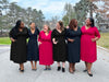 Miik models Kimesha, Meron, Jennifer, Bri, Erica and Sureka standing next to each other having a great time. They are all wearing Miik's Lolly midi flounce dress with pockets. 