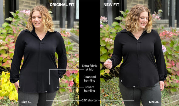An image comparing the fit of the new Lucia fit and the original Lucia fit. The new fit has less fabric at the hip, a rounded hemline, and is 2.5 inches shorter.