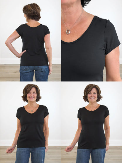 4 images showing the detail of Marianna reversible neckline classic tee 