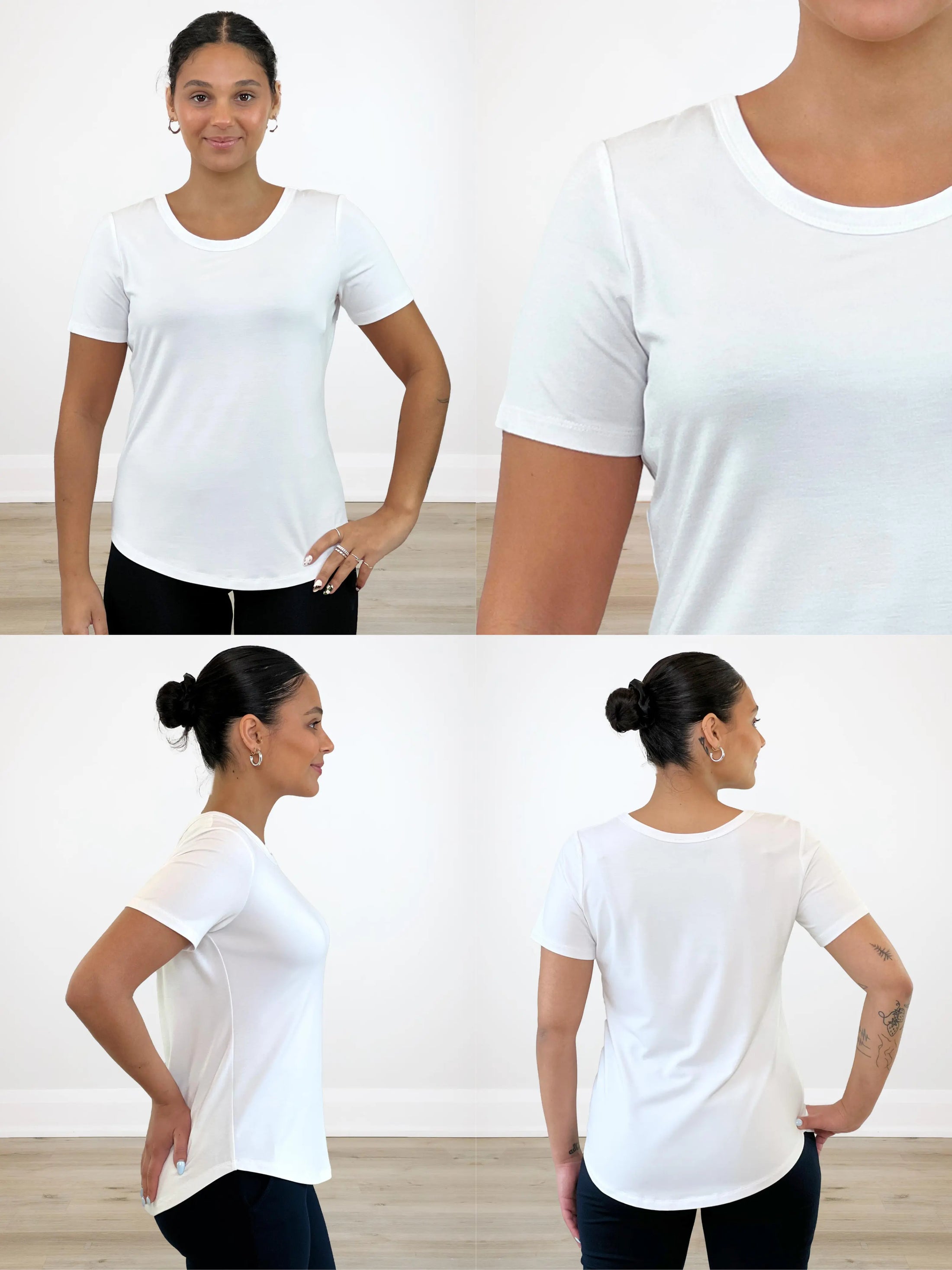 4 images showing the detail of Marissa half sleeve crewneck tee 