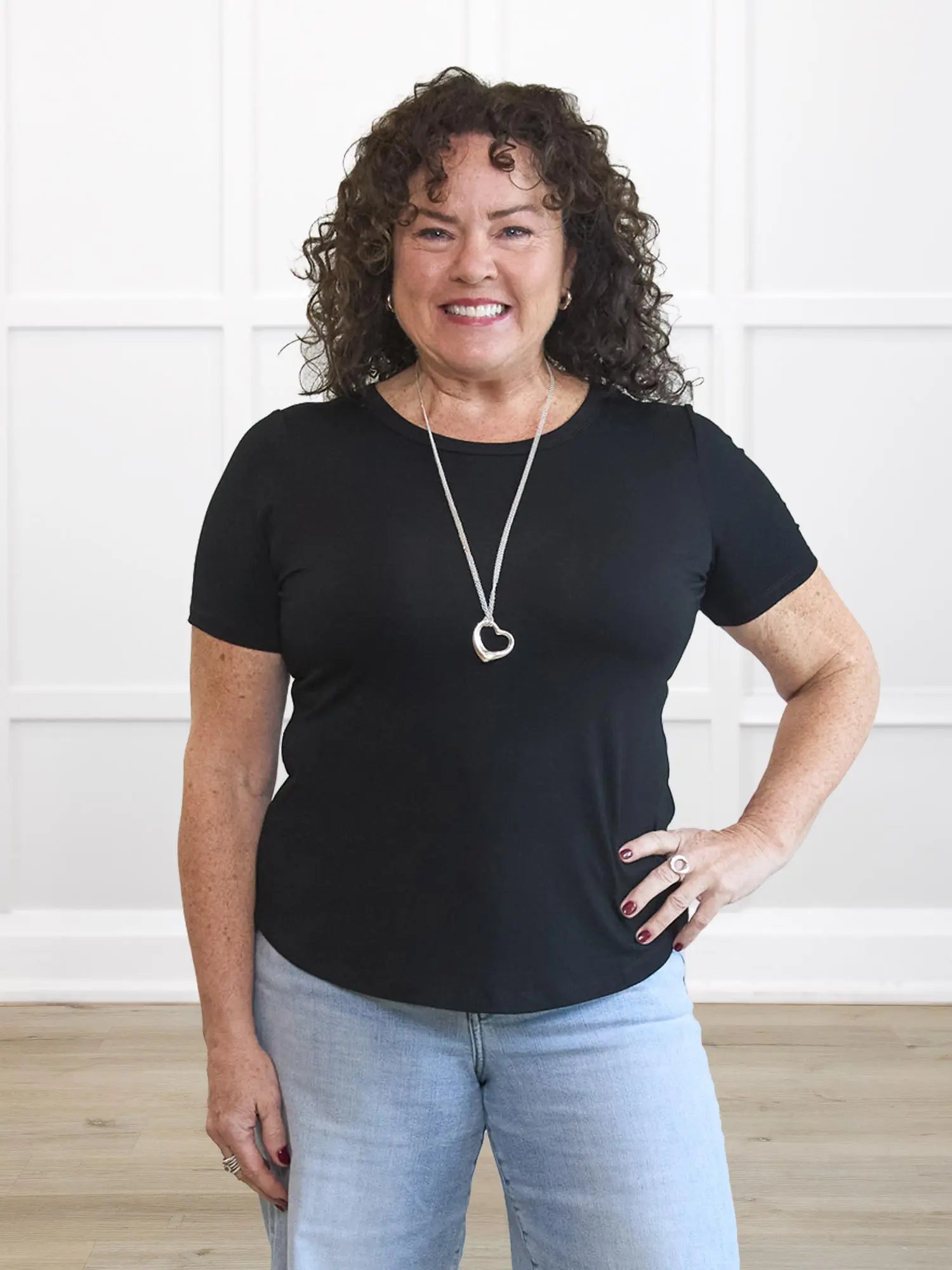 Marissa half sleeve crewneck tee for women in Black on model Kerri, size M Petite @Kerri-M-petite 