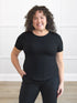 Marissa half sleeve crewneck tee for women in Black on model Kerri, size M Petite @Kerri-M-petite 