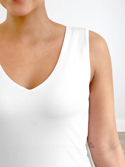 A closeup shot detail of the v-neck of Miik&