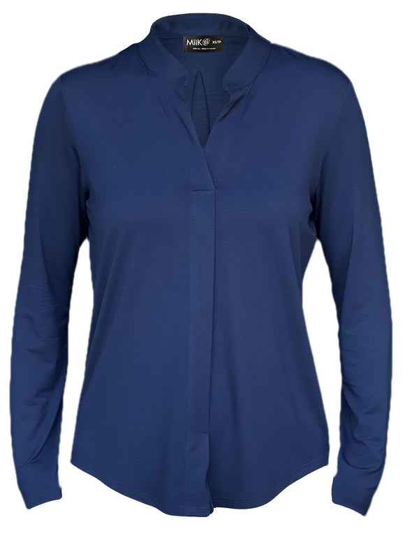 An off-figure image of Miik's Neruda band collar long sleeve shirt for women in navy.