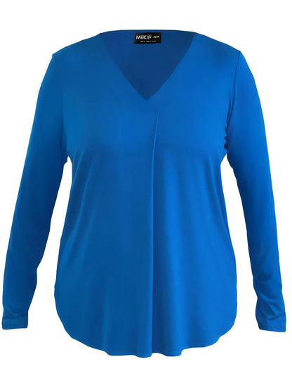 Blue long-sleeve top with a V-neck on a white background 