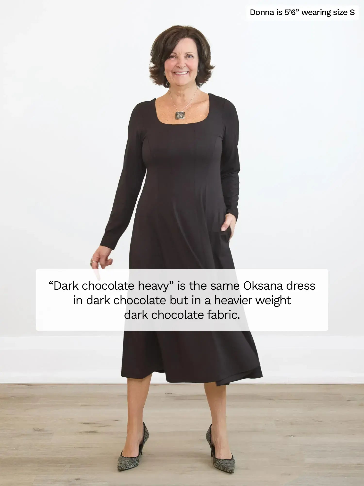 Woman wearing a dark chocolate dress with text about fabric weight. 