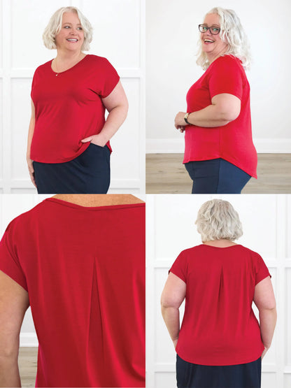4 images showing the detail of Reina v-neck dolman top 