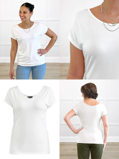 4 images showing the detail of Rhianna reversible dolman tee 