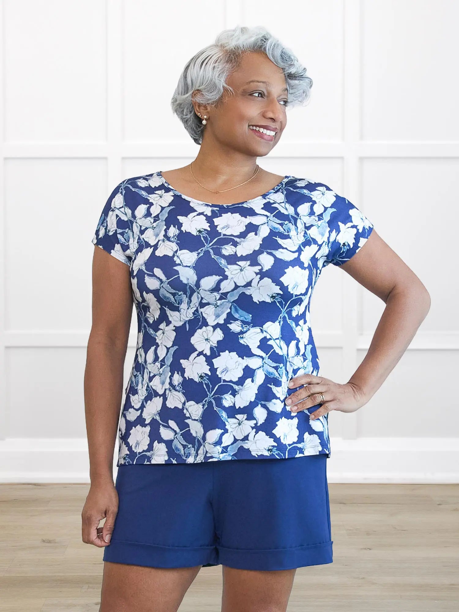 Rio reversible neckline dolman tee 00 in Indigo bloom on model Keethai, size M @Keethai-M 