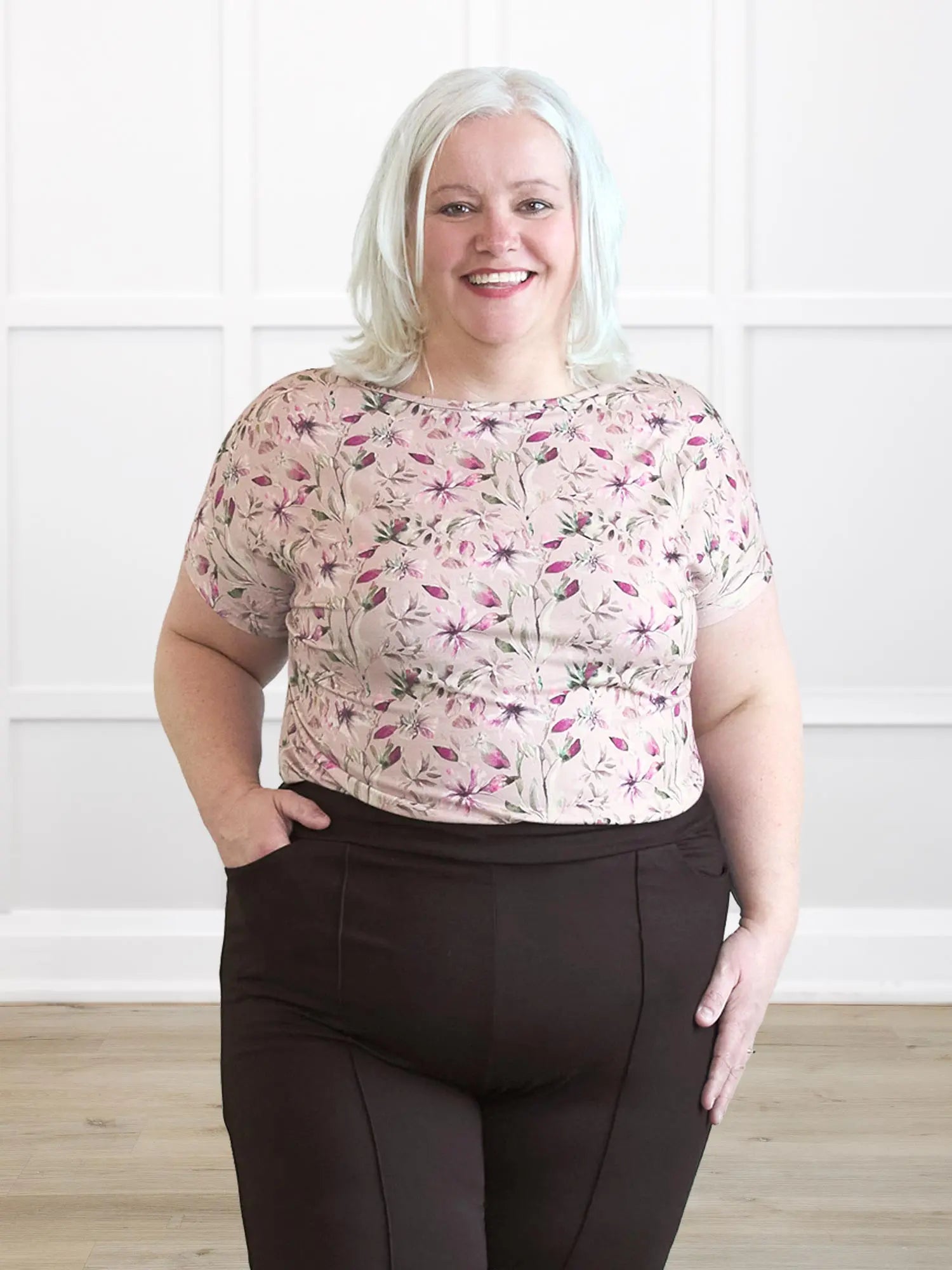 Rio reversible neckline dolman tee 00 in Wild magnolia on model Colleen, size XXL @Colleen-XXL 