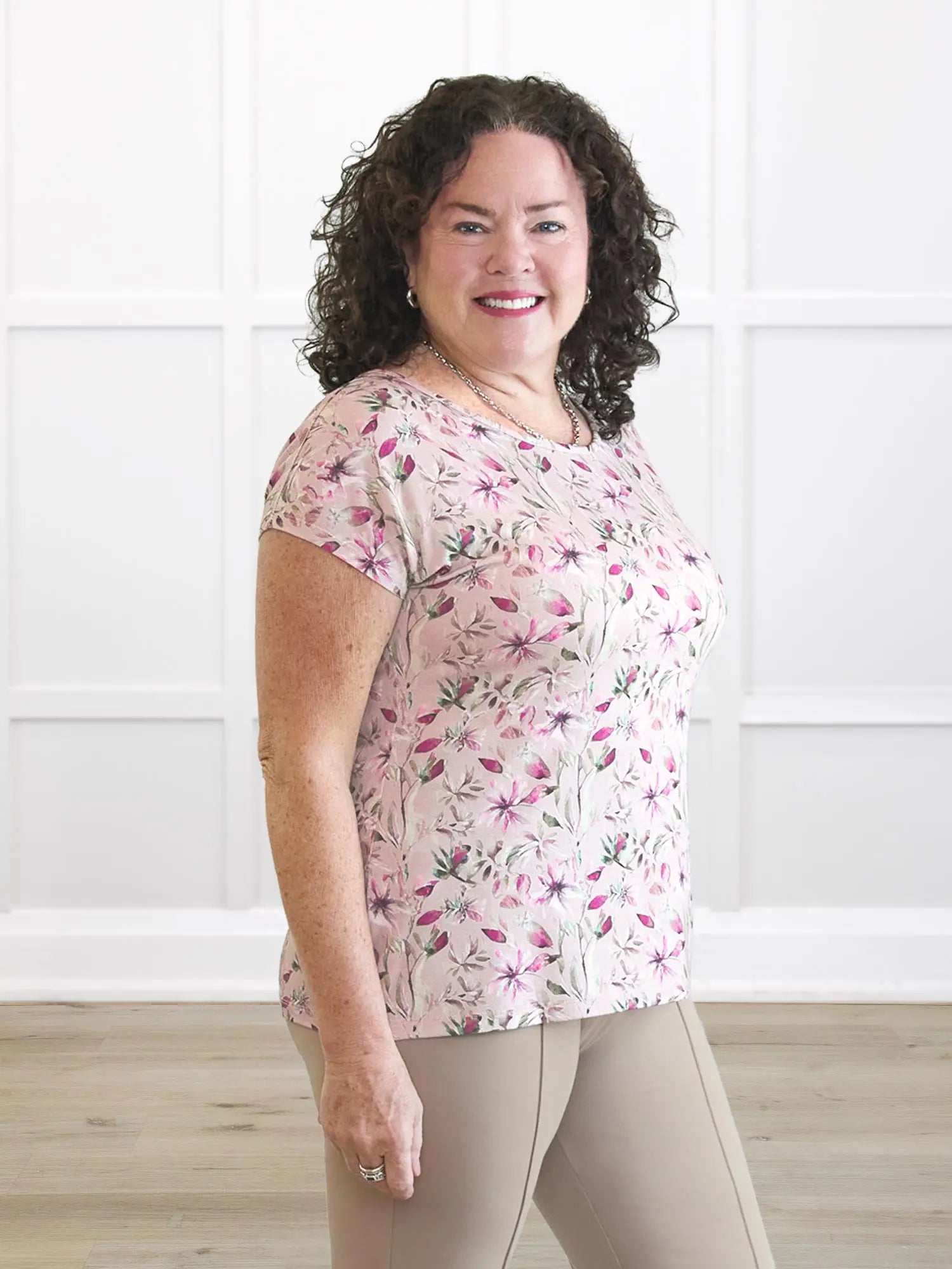 Rio reversible neckline dolman tee in Wild magnolia on model Kerri, size M @Kerri-M 