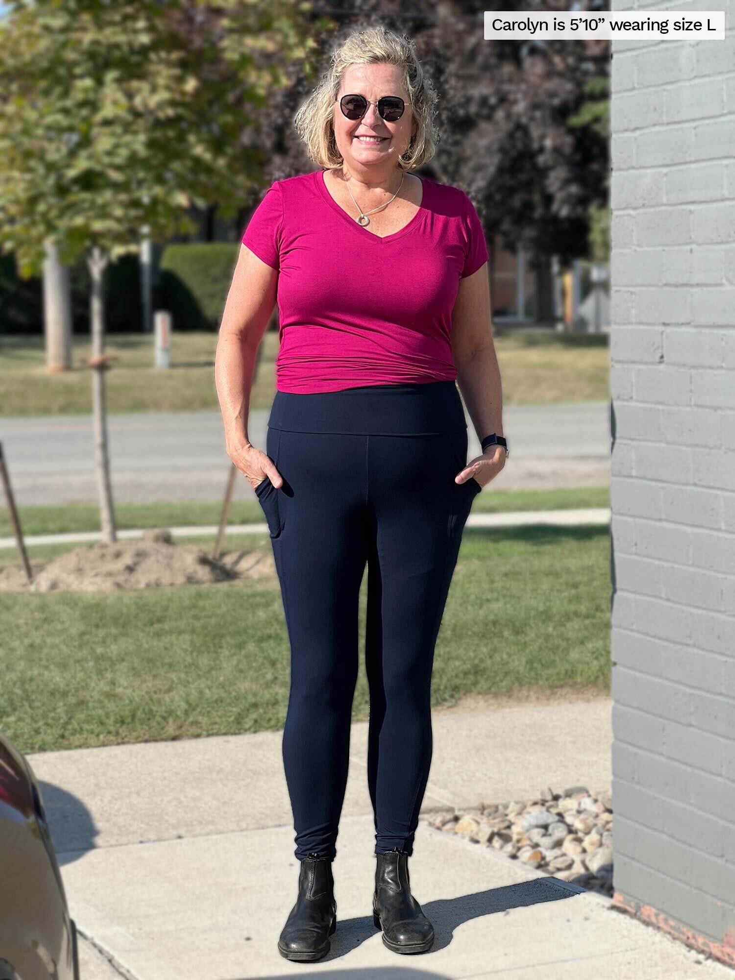 Navy blue, moto leggings with no front or back pockets. 68% cotton, 27%  polyester, and 5% spandex. Sold in packs of six - one small, two mediums,  two larges, one extra large.