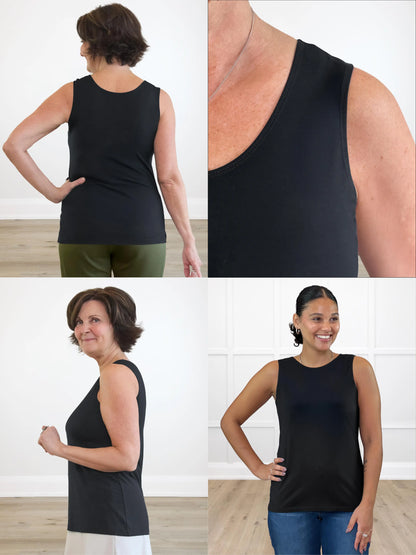 4 images showing the detail of Shandra reversible neckline tank top 
 