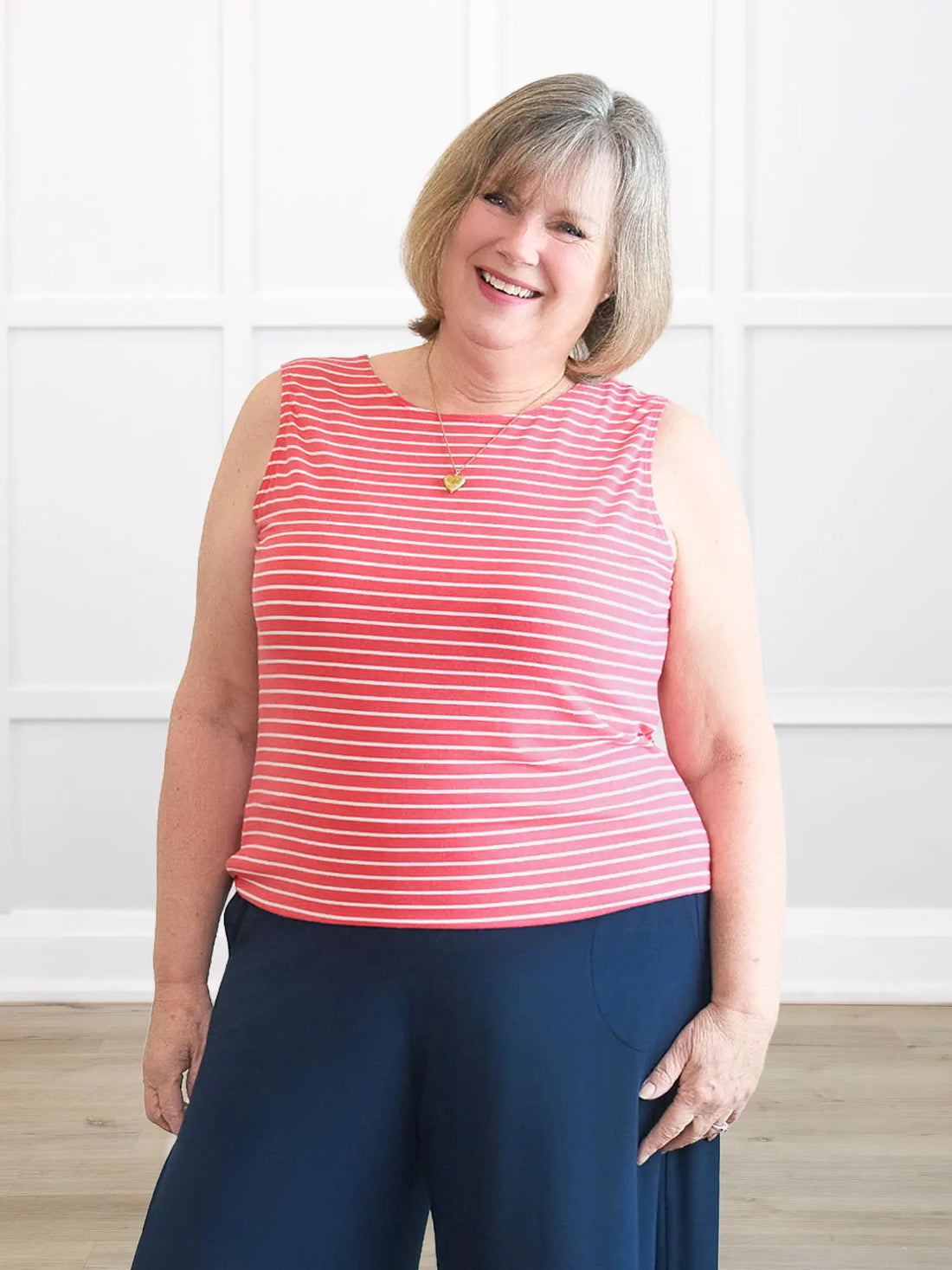 Shandra reversible neckline tank top for women in Miami stripe on model Laurie, size XXL Regular @Laurie-XXL-Regular 
