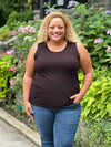 Miik model Carley (size XXL) wearing Shandra reversible tank top in dark chocolate with the scoop neck to the front.
