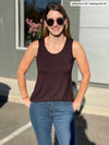 Miik model Johanna (size XS) wearing Shandra reversible tank top in dark chocolate with the scoop neck to the front.