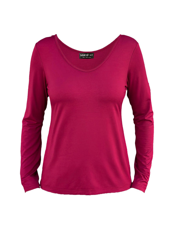 An off-figure image of the Shannon long sleeve tee for women in bordeaux red.