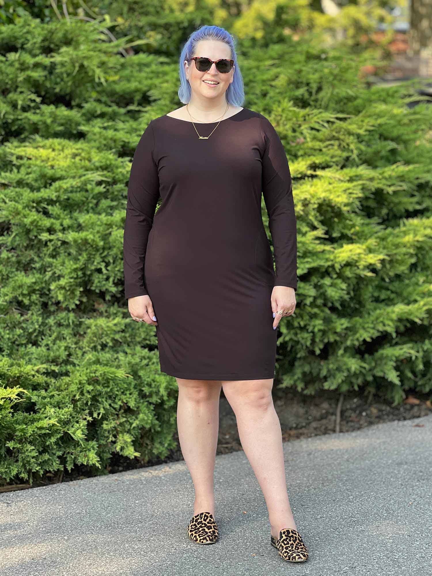 Shena long sleeve boatneck pocket dress Sustainable women s clothing made in Canada Miik dark chocolate medium