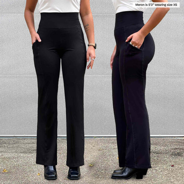 Side and front view of the Sierra high waisted pocket pant on Miik model Meron (size XS, 5'3".