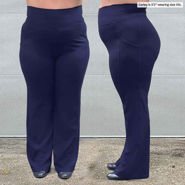 Side and front view of the Sierra high waisted pocket pant on Miik model Carley (size XXL, five foot two).