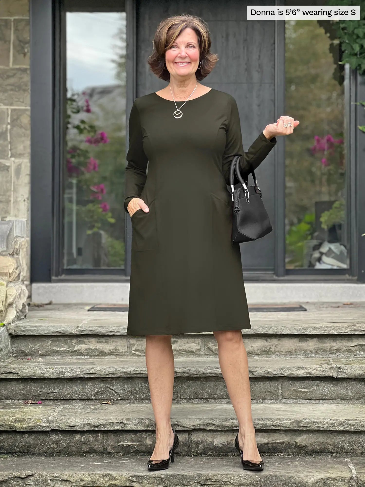 Soraya long sleeve scoop neck dress Sustainable women s clothing made in Canada Miik olive medium