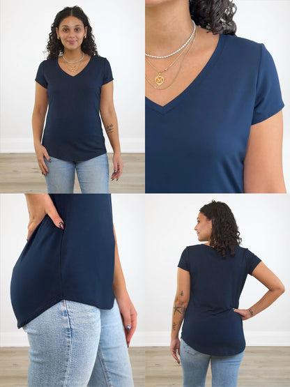 Navy blue t-shirt worn by a person, shown from front, back, and side views.