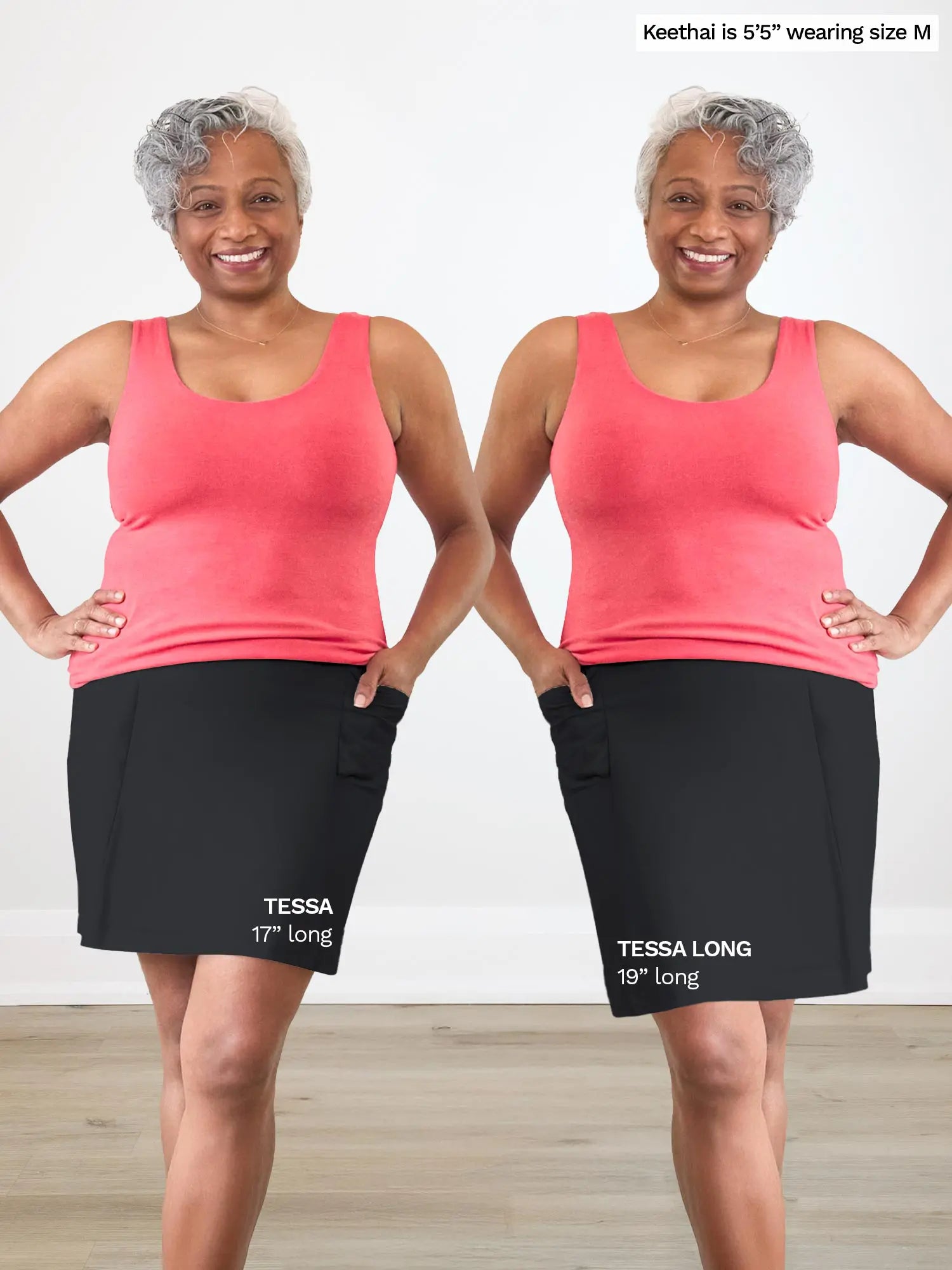 Woman modeling side by side images of the Tessa high waisted pocket skort in black, in regular vs. long