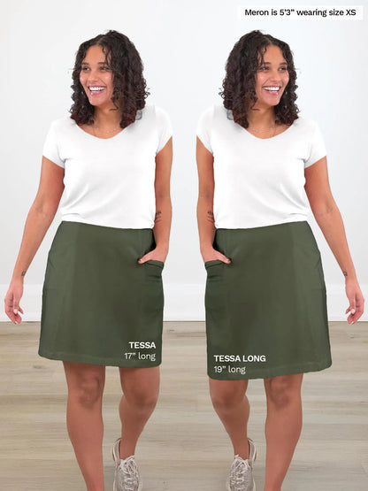 Woman modeling side by side images of the Tessa high waisted pocket skort in cactus green, in regular vs. long 