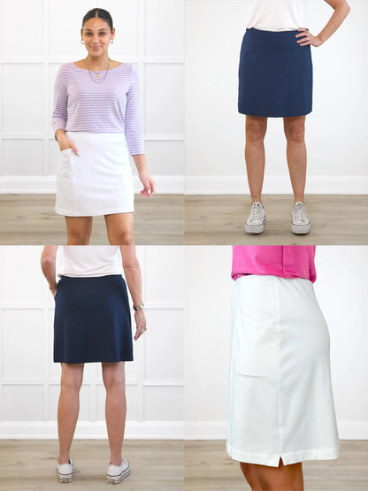 4 images showing the detail of Tessa high waisted pocket skort 