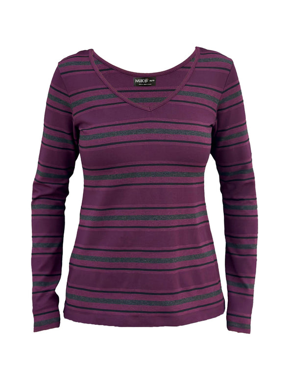 An off-figure image of the Tray long sleeve reversible striped tee in port melange stripe.