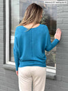 Woman standing with her back towards the camera showing the back of Miik's Tully reversible fleece dolman sweater