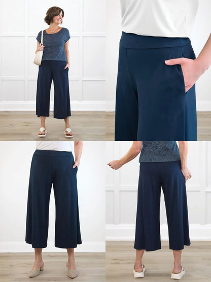 4 images showing the detail of Valencia capri palazzo pocket pant 