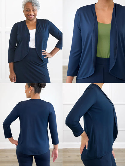 4 images showing the detail of Wesley cropped waterfall cardigan 