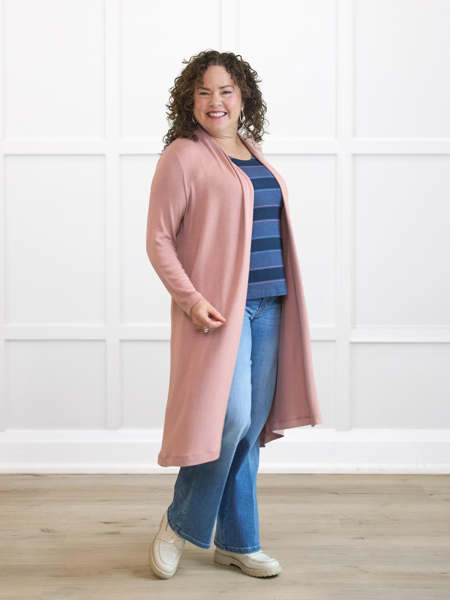 Willa lightweight knit duster cardigan rose mauve for women in Rose mauve on model Kerri, size M Petite @Kerri-M-petite 