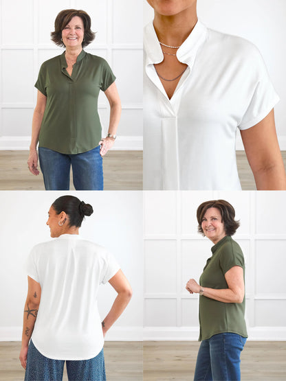 4 images showing the detail of Yasmina band collar blouse 