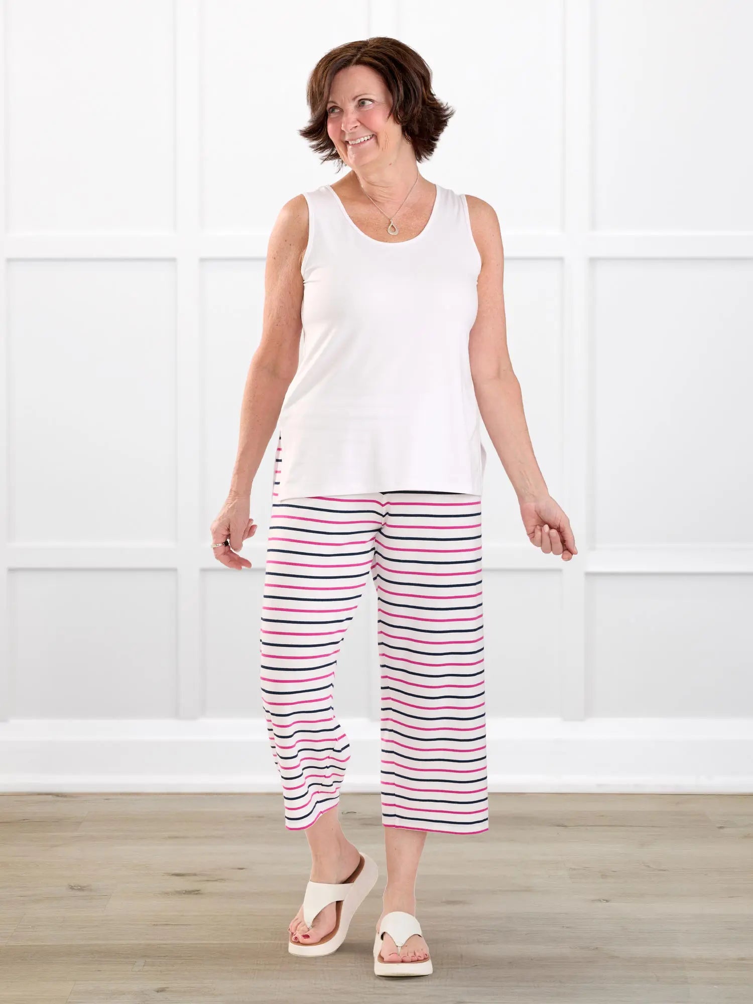 Adhara striped pj capri pant for women in Beachfront stripe on model Donna, size S @Donna-S 