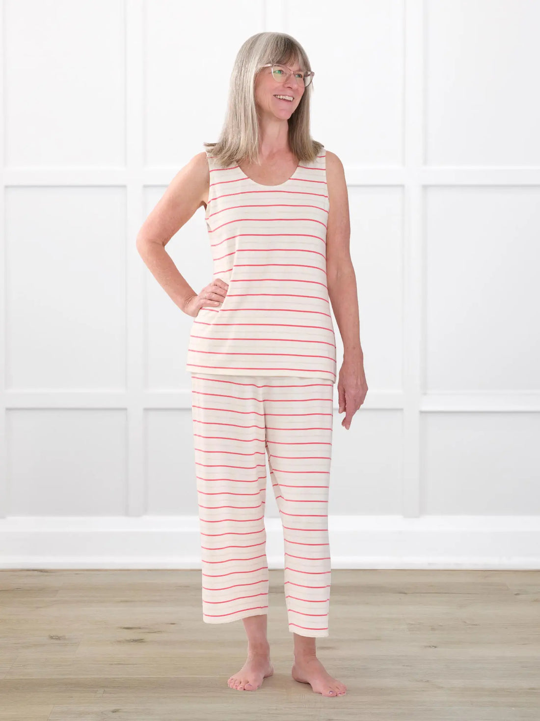 Adhara striped pj capri pant for women in Flamingo stripe on model Rose, size M @Rose-M 
