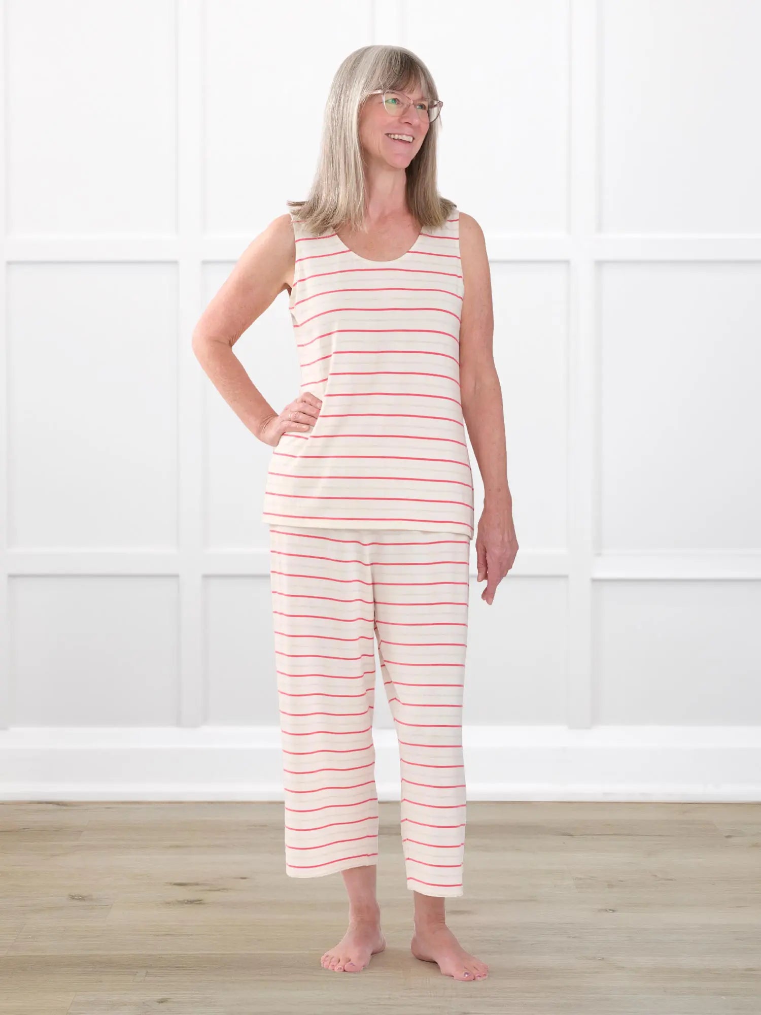 Adhara striped pj capri pant for women in Flamingo stripe on model Rose, size M @Rose-M 