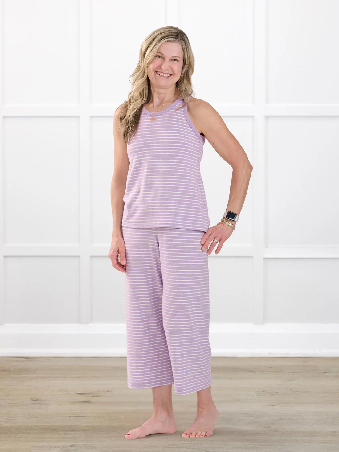 Adhara striped pj capri pant for women in Lilac stripe on model Rae, size XS @Rae-XS 