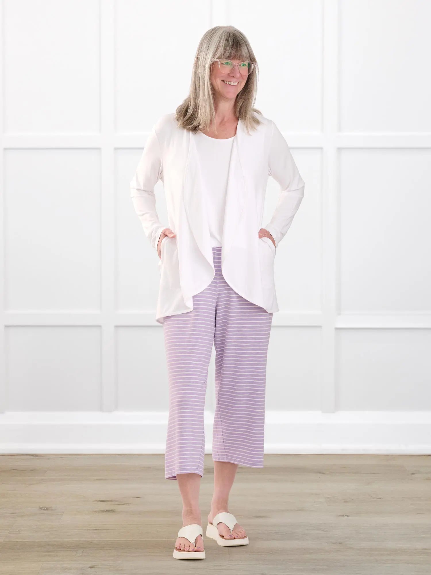 Adhara striped pj capri pant for women in Lilac stripe on model Rose, size M @Rose-M 